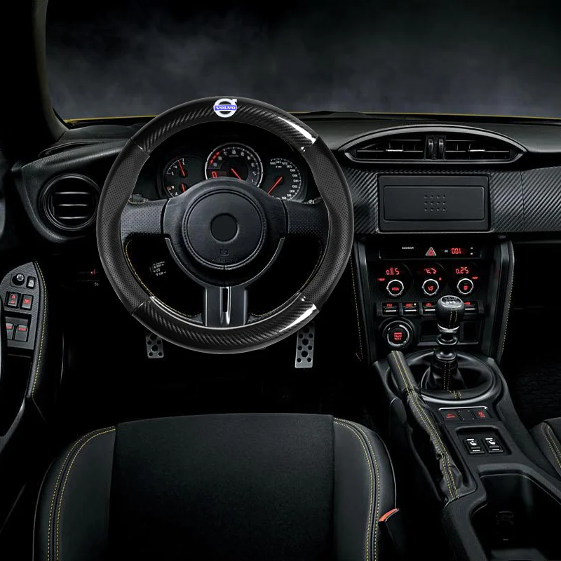 15" Carbon Fiber Style Quality Leather Car Steering Wheel Cover For All VOLVO NEW x1