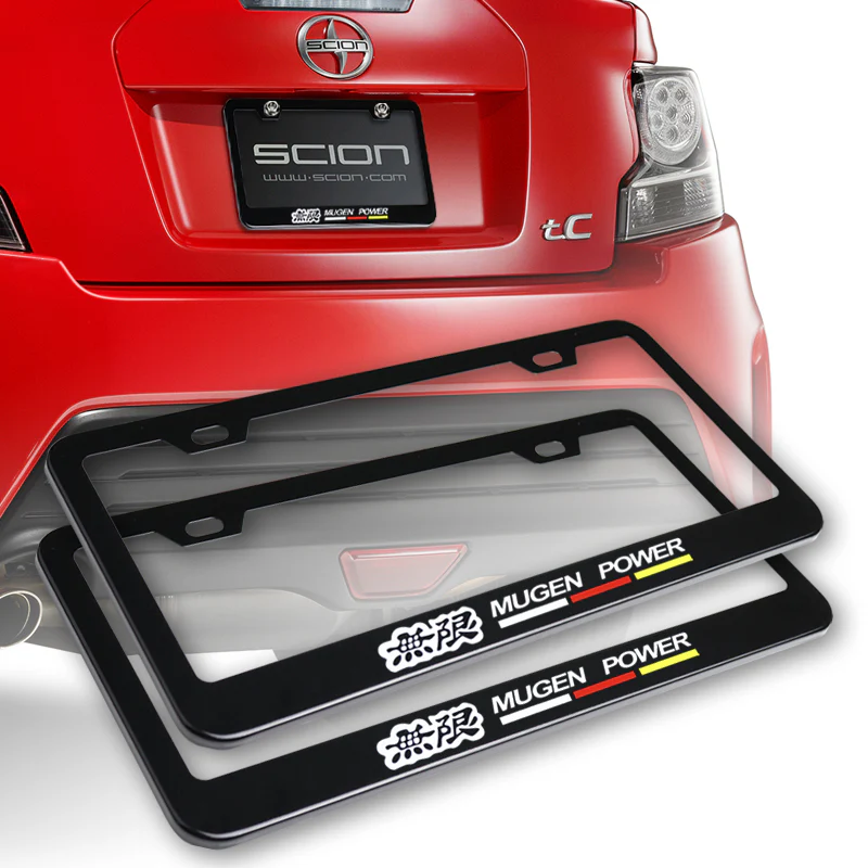 Mugen Black Stainless Steel License Plate Frame with Caps x2