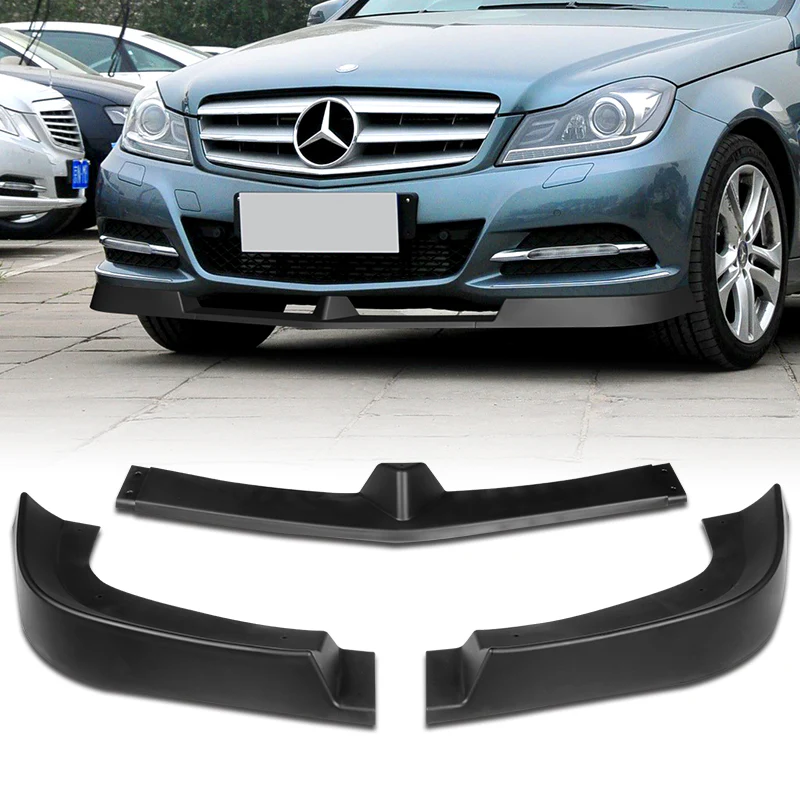 2012-2014 Mercedes C-Class W204 Unpainted Matte Black 3-Piece Front Bumper Body Spoiler Splitter Lip Kit with Leather Keychain