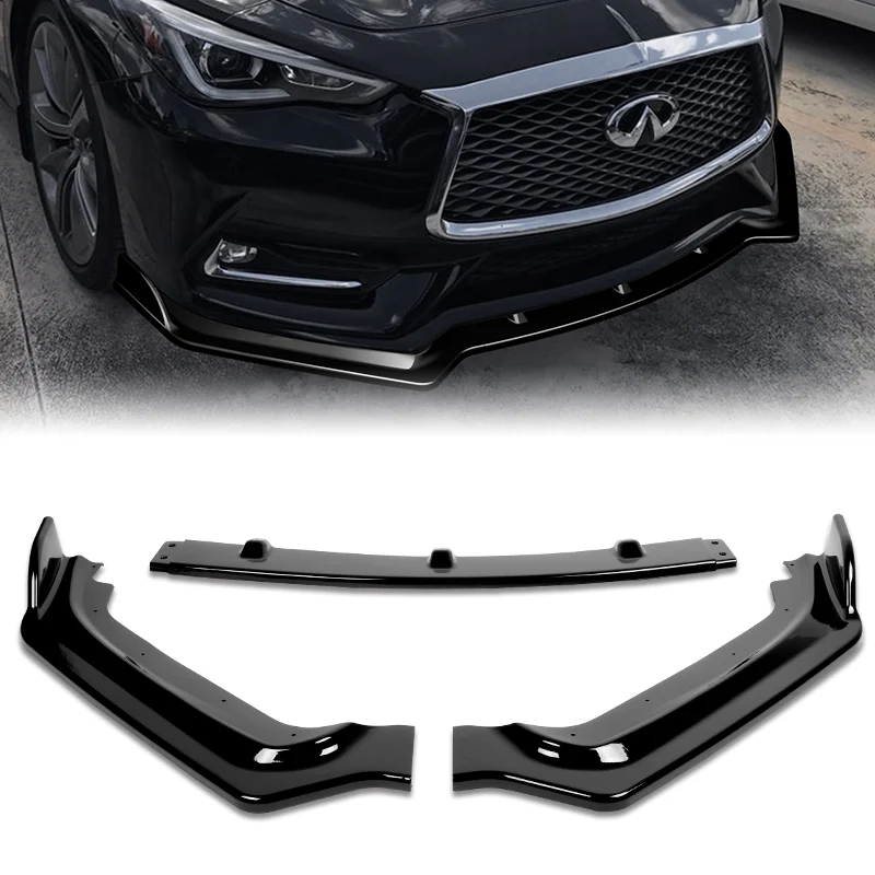 2017-2022 Infiniti Q60 Coupe Painted Black V-Style 3-Piece Front Bumper Body Spoiler Splitter Lip Kit with Metal Badge Emblems Set