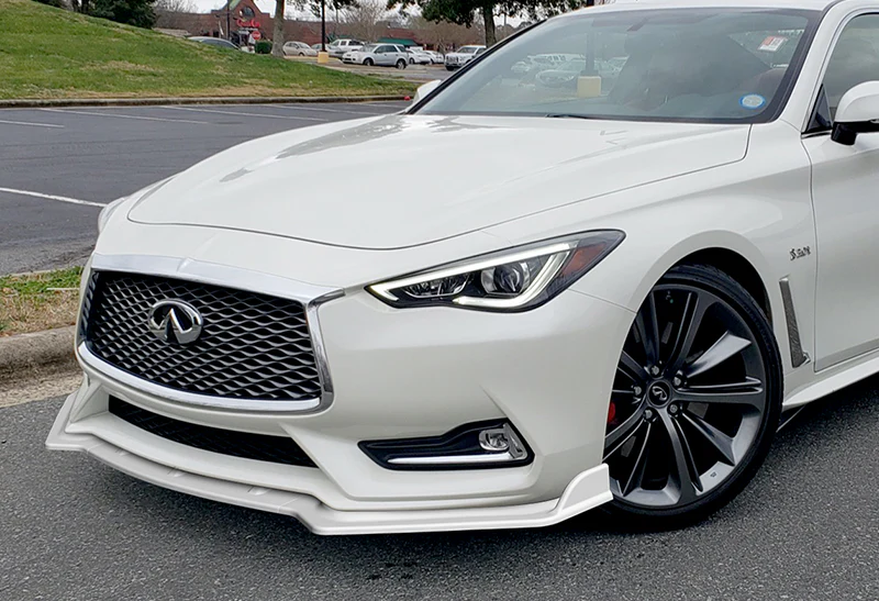 2017-2022 Infiniti Q60 Coupe Painted White V-Style 3-Piece Front Bumper Body Spoiler Splitter Lip Kit with Metal Badge Emblems Set - Image 7