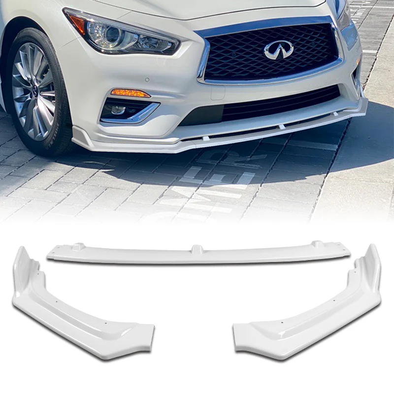 2018-2021 Infiniti Q50 Premium Painted White 3-Piece Front Bumper Body Spoiler Splitter Lip Kit with Screw Bolt Cap Set
