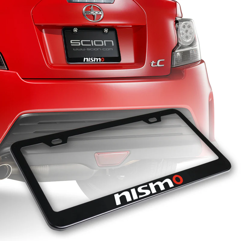 Nissan Nismo Black Stainless Steel License Plate Frame with Caps x2 - Image 3