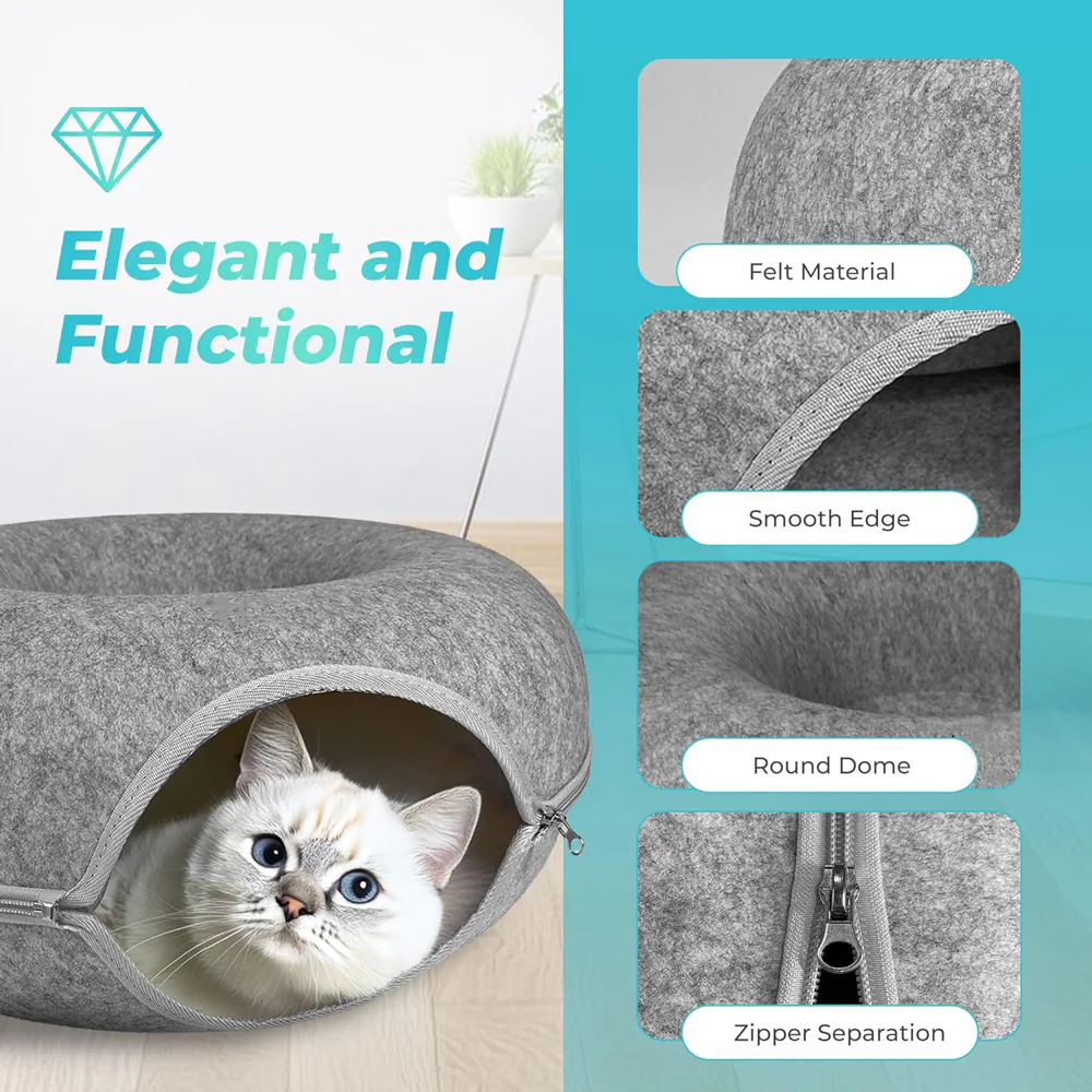 2PCS Peekaboo Cat Cave Bed for Indoor Cats, Detachable Round Felt Tunnel, 20 Inch, Light Grey - Image 6