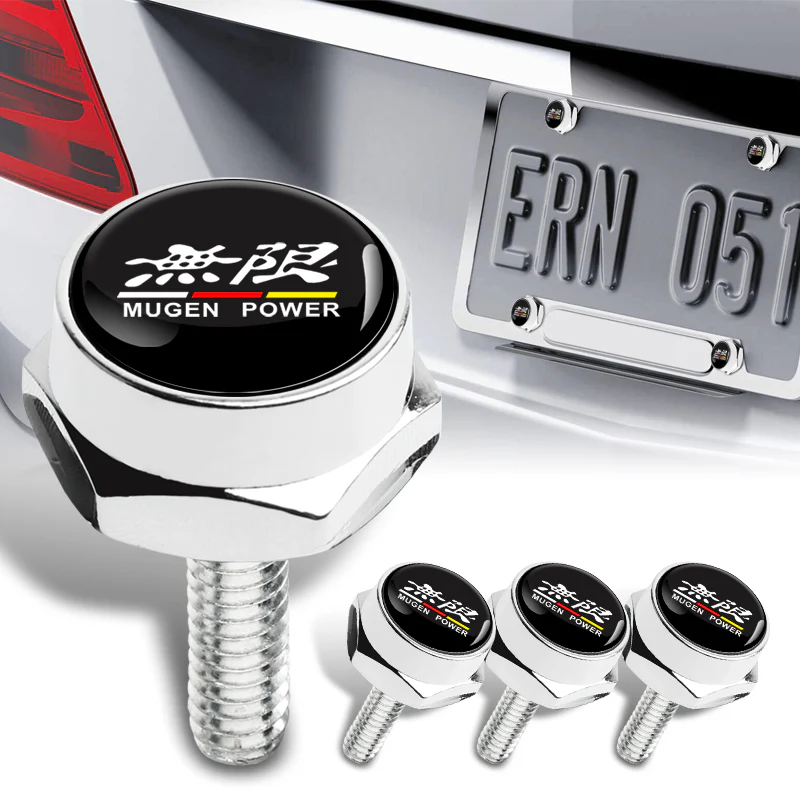 4Pcs MUGEN Car License Plate Frame Screw Bolt Cap Cover Screw Bolts Nuts Chrome