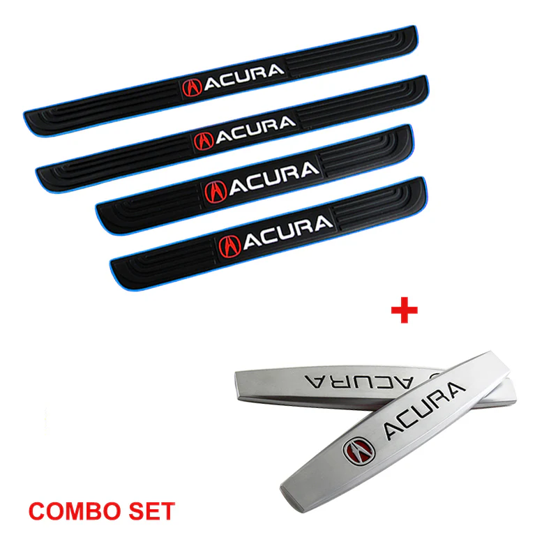Acura Set Car Door Scuff Sill Rubber Cover Panel Step 4PCS Blue Border Protector with Stainless Emblems