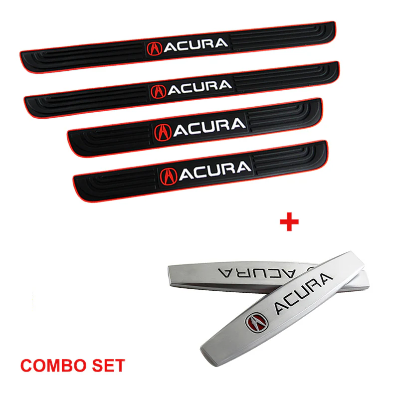 Acura Set Car Door Scuff Sill Rubber Cover Panel Step 4PCS Red Border Protector with Stainless Emblems