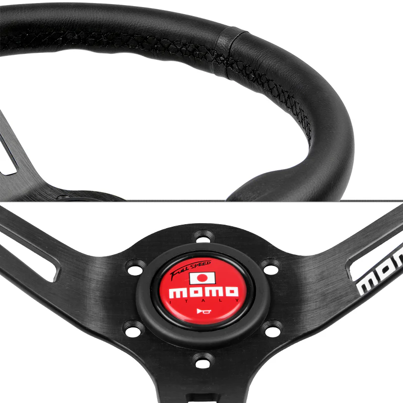 Black Line 350mm MOMO Racing Steering Wheel Microfiber Leather with MOMO Horn Button - Image 2
