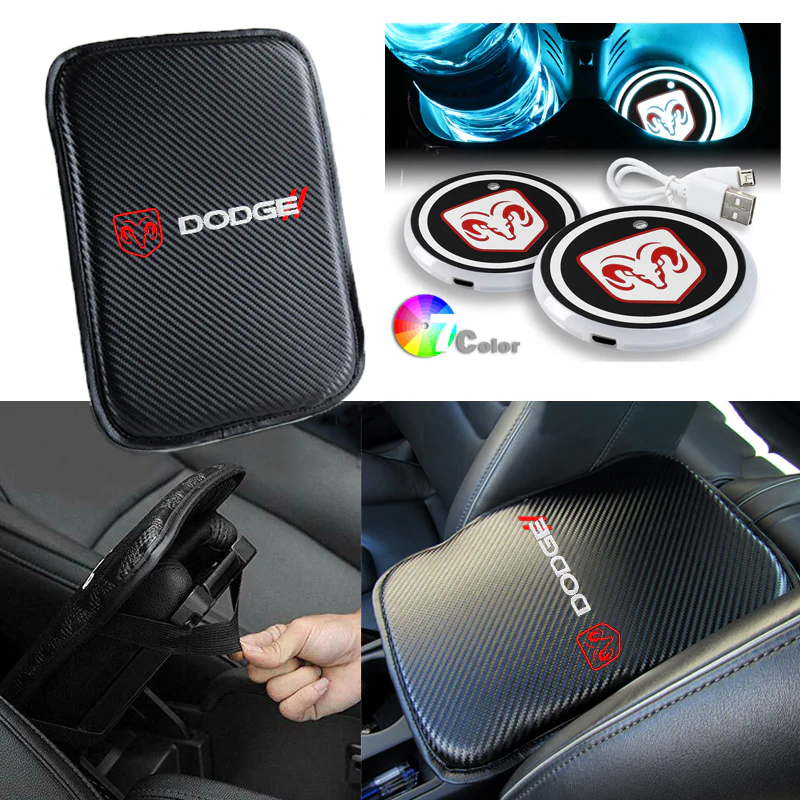 DODGE RAM Embroidered Set Car Center Console Armrest Cushion Mat Pad with LED Coasters Combo Set