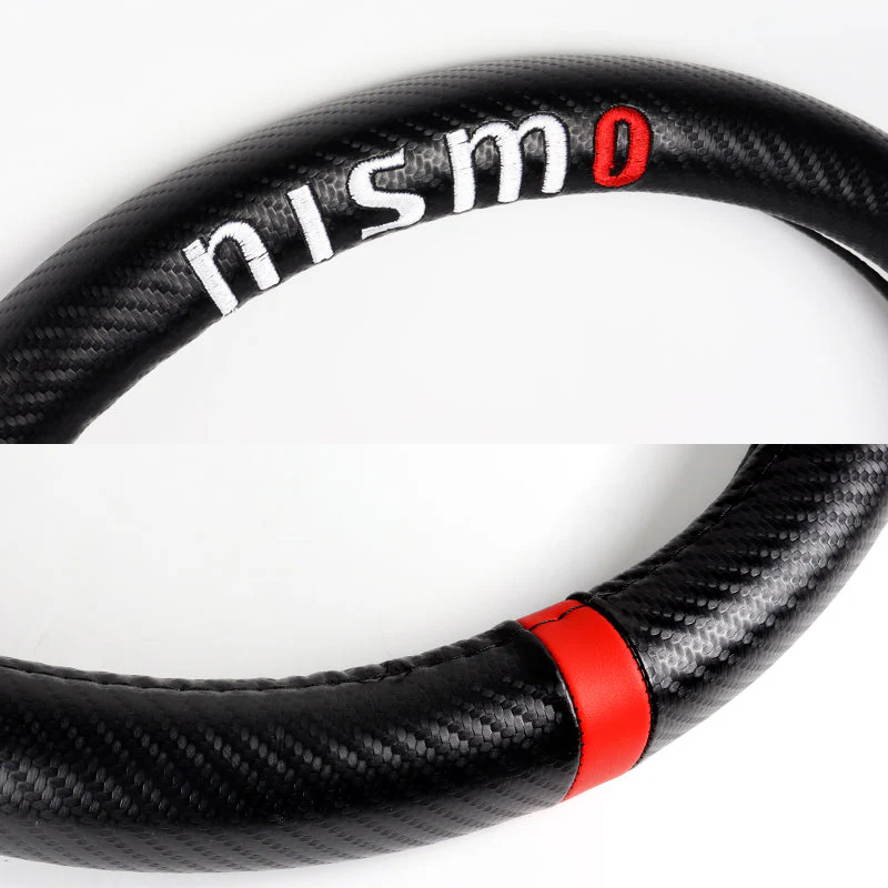 NISMO Nissan Set 15" Diameter Steering Wheel Cover Carbon Fiber Look Leather with LOGO Horn Button - Image 11