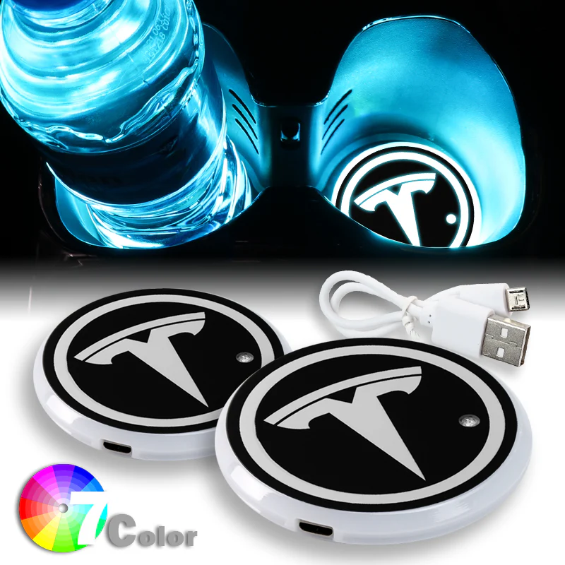 For TESLA Switchable 7 Color LED Cup Holder Car Button Mat Atmosphere Light 2PCS