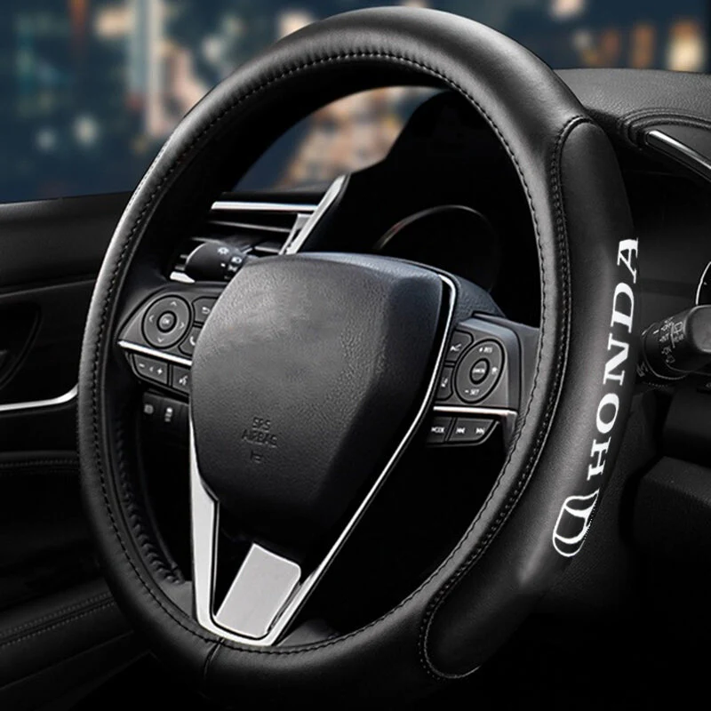 Honda Black Set Genuine Leather 15" Diameter Car Auto Steering Wheel Cover with STEERING EMBLEM BADGE - Image 8