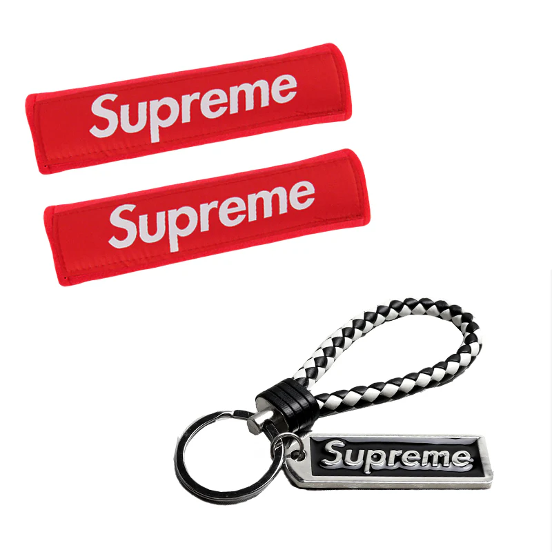 Supreme3M Set Embroidered Logo Red Seat Belt Covers with Black Metal Pendant with Calf Leather Keychain For Honda Toyota