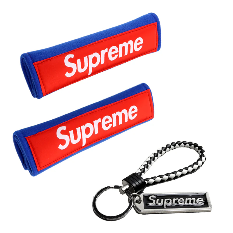 Supreme3M Set Embroidered Logo Blue Seat Belt Covers with Black Metal Pendant with Calf Leather Keychain For Honda Toyota