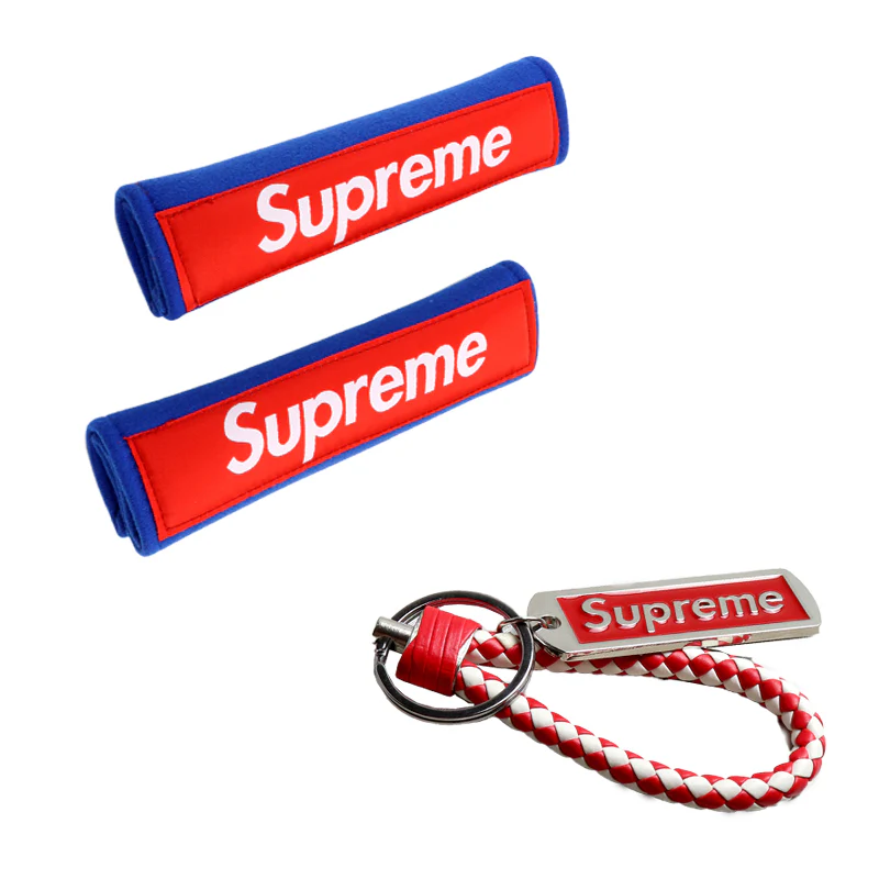 Supreme3M Set Embroidered Logo Blue Seat Belt Covers with Metal Pendant with Calf Leather Keychain For Honda Toyota