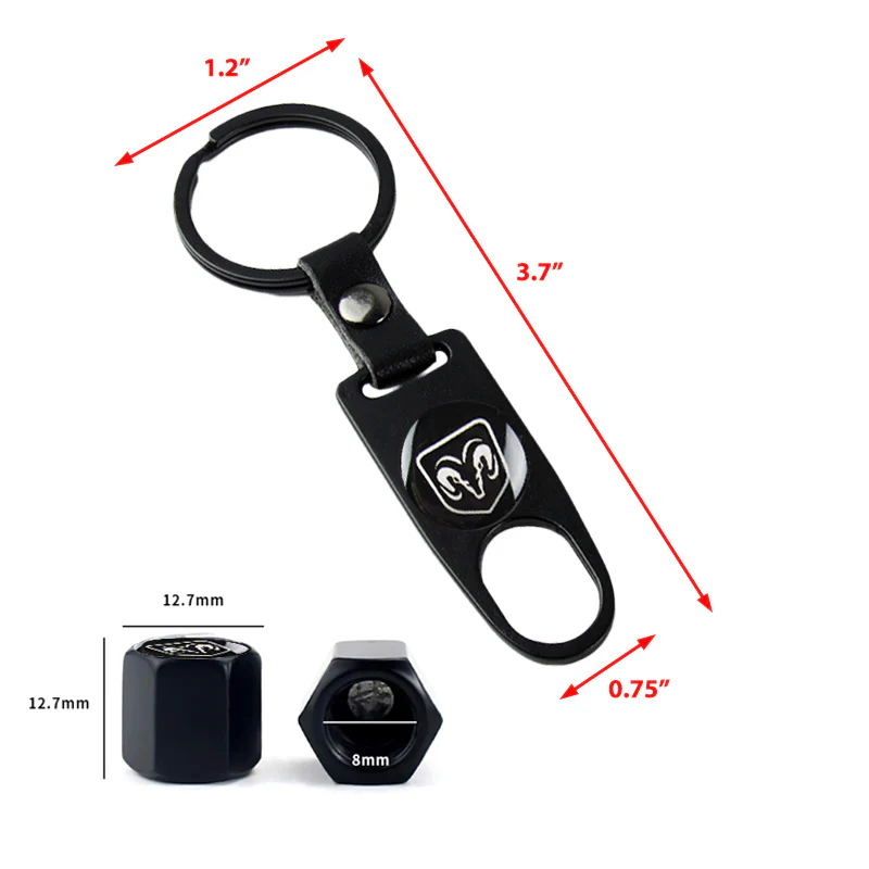 DODGE RAM Car Wheel Tire Valves Dust Stem Air Caps Keychain Emblem KEY FOB Black Set - US SELLER - Image 3