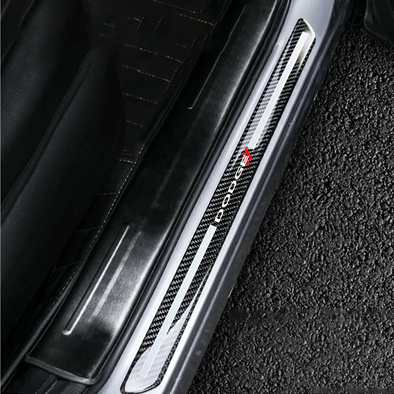 DODGE Set Carbon Car Door Scuff Sill Panel 2PCS Step Protector with Keychain Wheel Tire Valves Dust Stem Air Caps - Image 2
