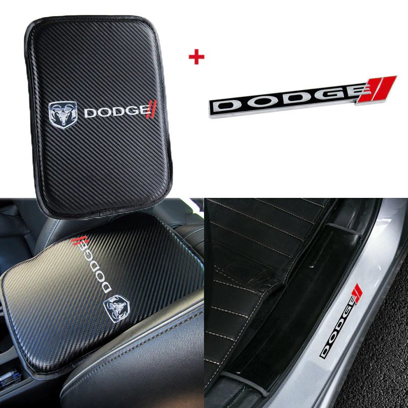 Dodge Set Carbon Fiber Look Center Console Armrest Cushion Pad Cover with Stainless Steel Emblem