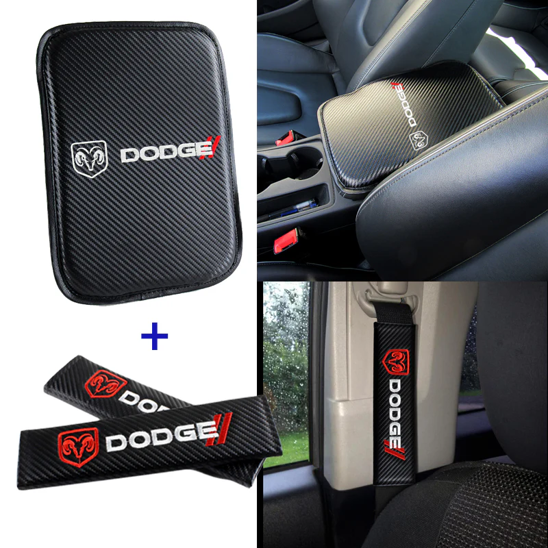 DODGE Set Embroidered Armrest Cushion with Seat Belt Cover Carbon Fiber Look Center Console Cover Pad Mat