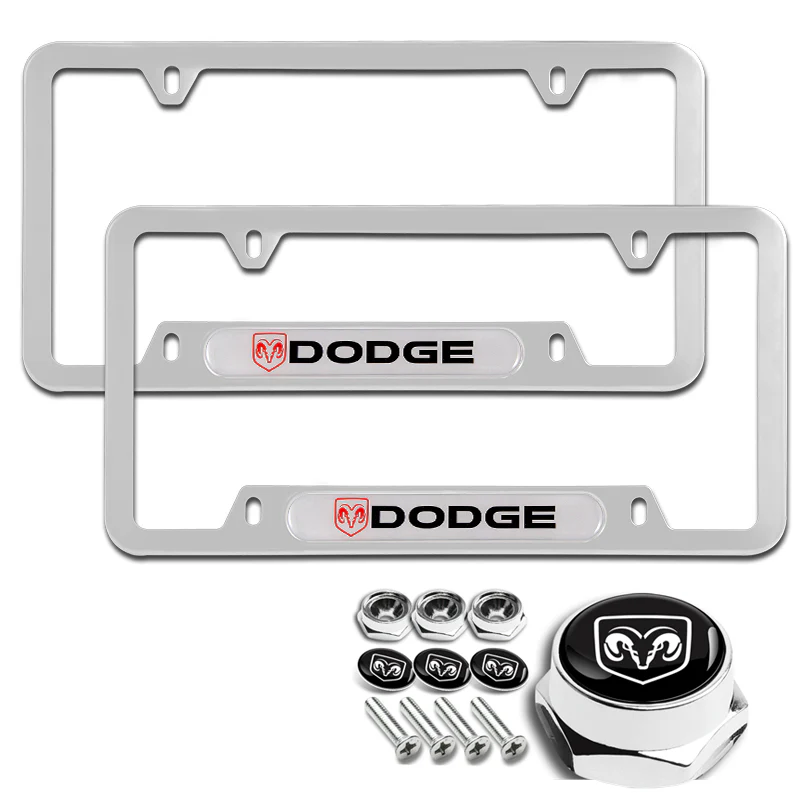 DODGE Stainless Steel License Plate Frame 2pcs Brand New with Caps Bolt SET