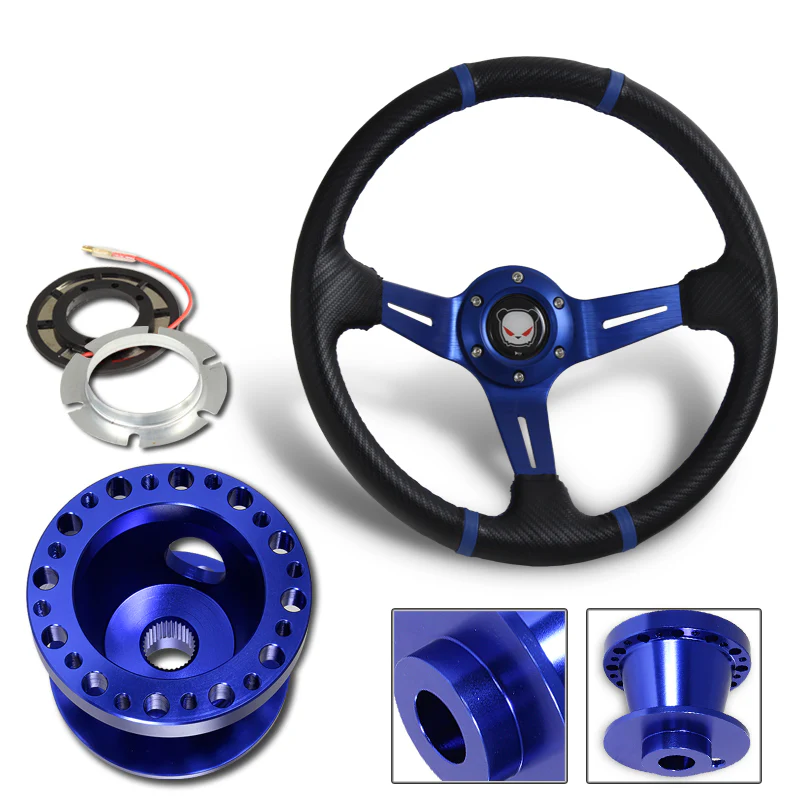 For 1991-1996 Nissan Sentra 350mm Blue / Carbon PVC Leather Steering Wheel + Blue Aluminum Hub