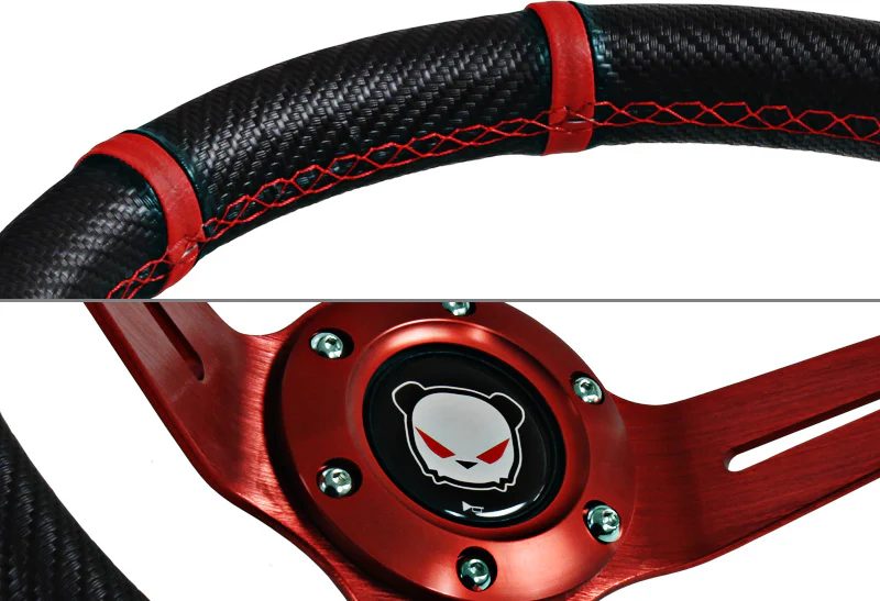 For 1989-1998 Nissan Maxima 350mm Red / Carbon PVC Leather Steering Wheel + Black Aluminum Hub - Image 2