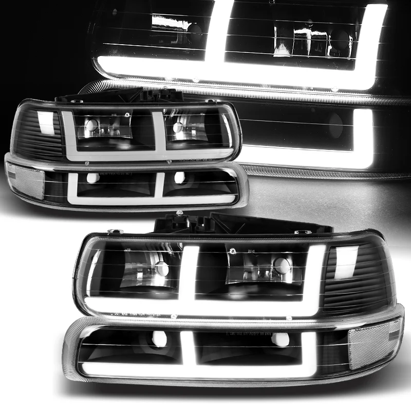 For 1999 - 2002 Chevrolet Chevy Silverado / 2000 - 2006 Tahoe Suburban G2 LED Bar DRL Headlights -Black Housing / Clear Lens / Clear Reflectors (4-Piece Set)