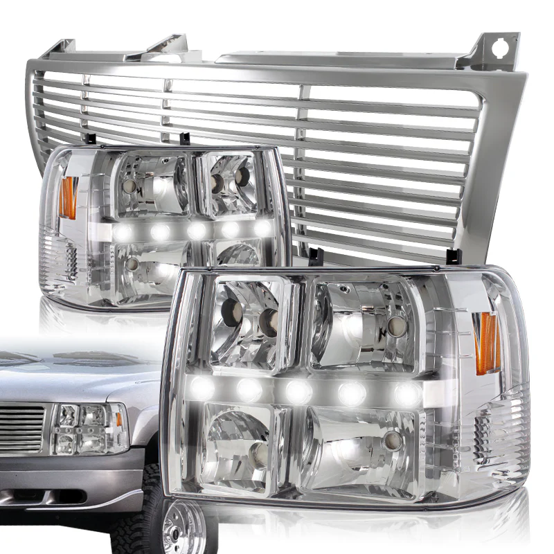 For 2000 - 2006 Chevrolet Chevy Tahoe LED DRL Conversion Chrome Headlights + Chrome Grille