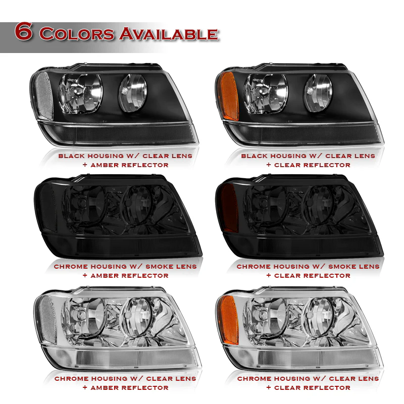 For 1999 - 2004 Jeep Grand Cherokee Headlights -Black Housing / Clear Lens / Clear Reflectors - Image 4