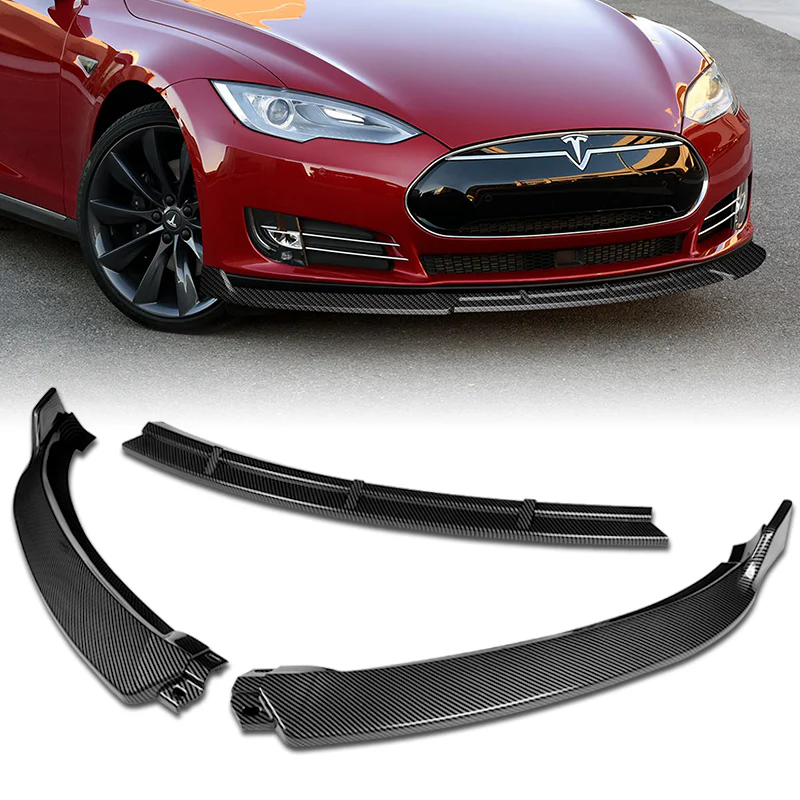 For 2012-2016 Tesla Model S V2 3-PCS Carbon Look Front Bumper Splitter Spoiler Lip
