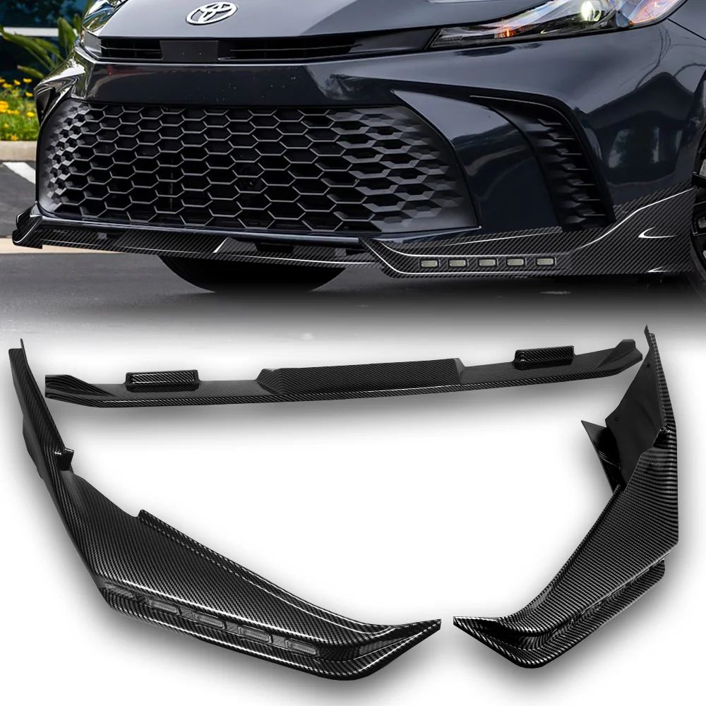 For 2025-2026 Toyota Camry SE XSE Front Bumper Splitter Spoiler Lip 3PCS With LED Sequential Running Lights -Carbon Fiber Look