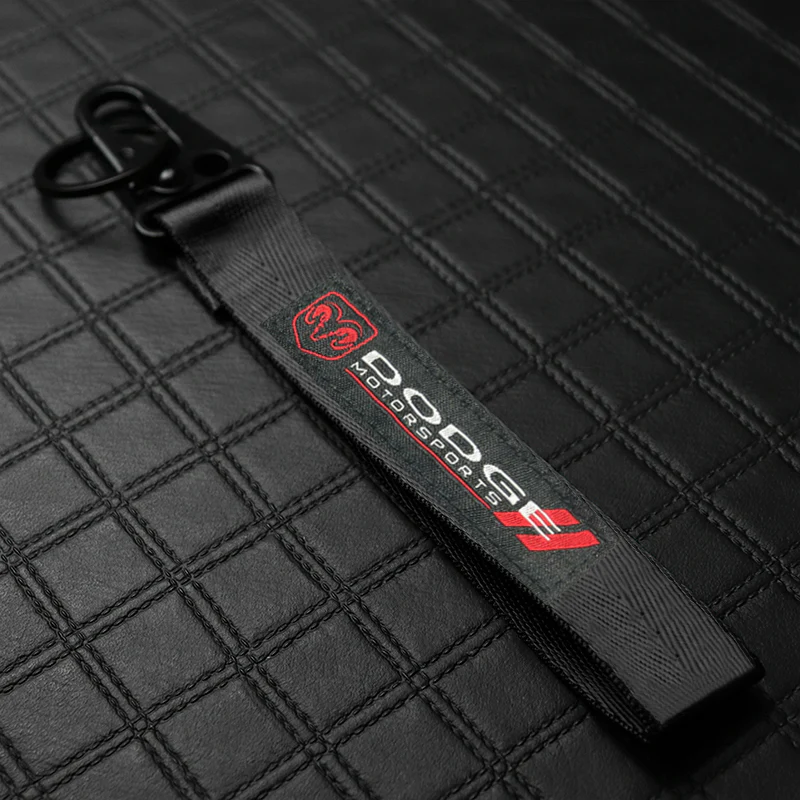 For Dodge Racing Logo Keychain Metal Key Ring Hook Black Strap Nylon Lanyard