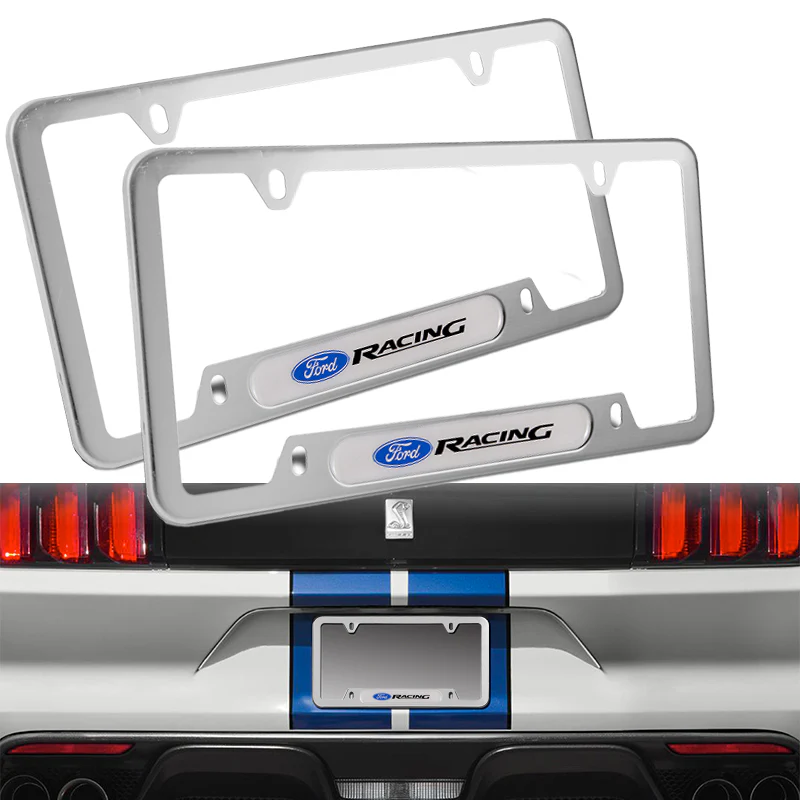 2 PCS Set Ford Racing Stainless Steel License Plate Frame Silver Metal New