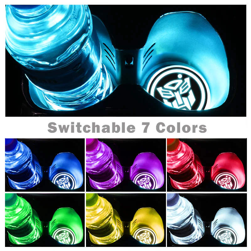 For TRANSFORMER Switchable 7 Color LED Cup Holder Car Button Mat Atmosphere Light 2PCS - Image 3