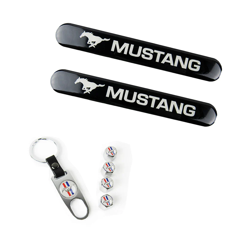 Ford Mustang Set LOGO Emblems with Silver Keychain Tire Valves Wheel Air Caps - US SELLER