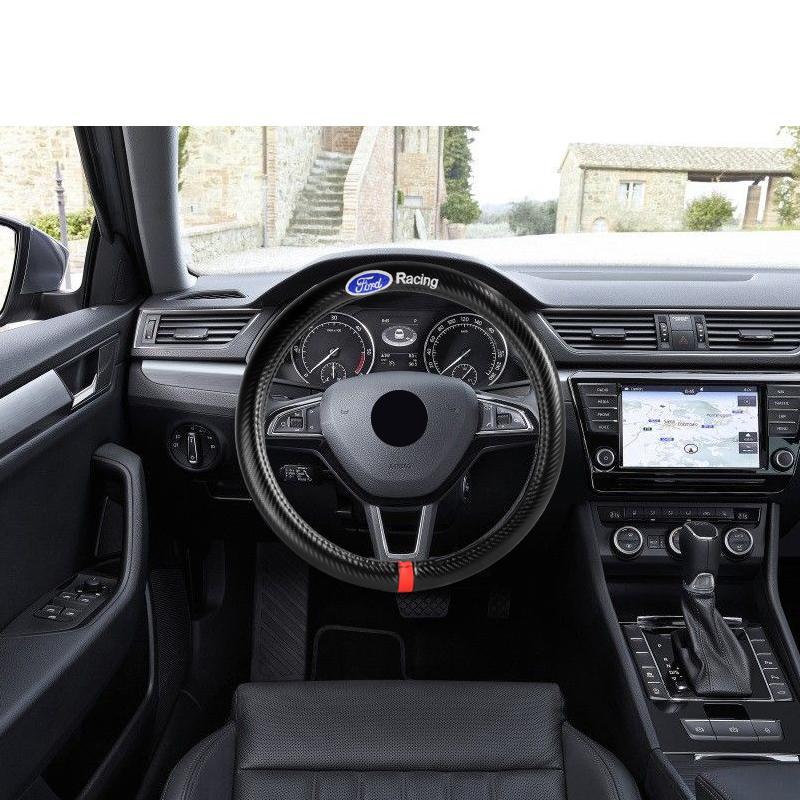 Ford Mustang Set of Car 15" Steering Wheel Cover Carbon Fiber Style Leather Ford Racing with Seat Belt Covers - Image 3
