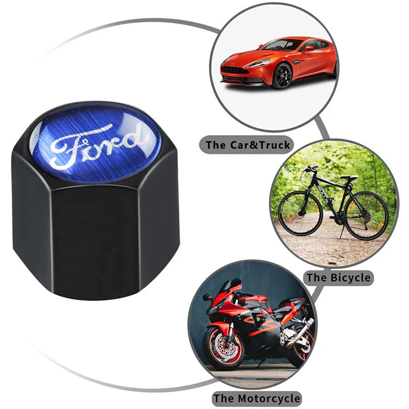 FORD Racing LOGO Set Emblems with Black Tire Wheel Valves Air Caps Keychain - US SELLER - Image 2