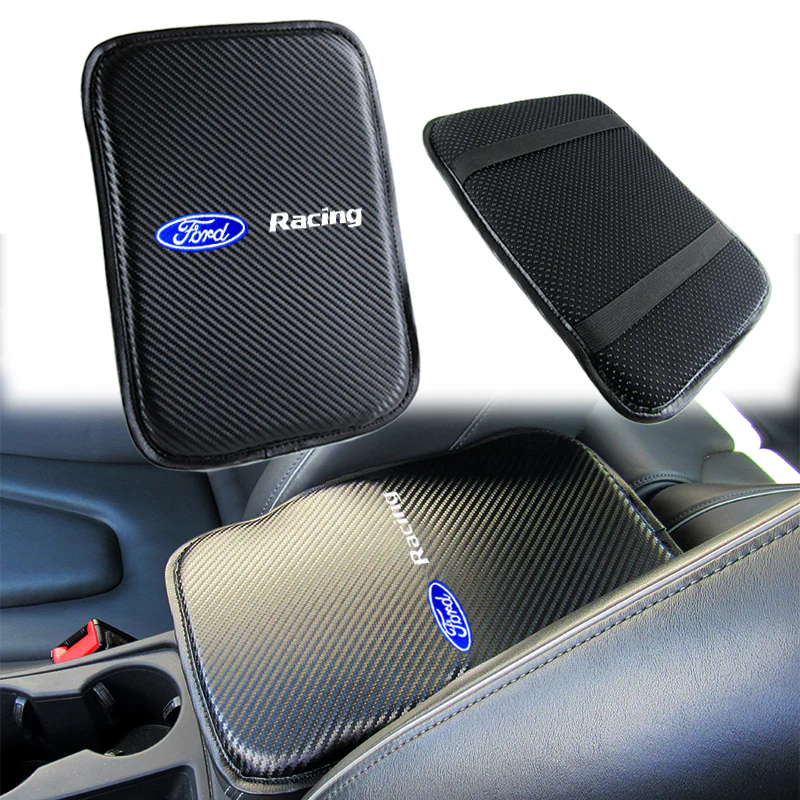 FORD RACING Set Black 15" Diameter Car Auto Steering Wheel Cover Quality Leather with Center Console Armrest Cushion Mat Pad Cover - Image 9