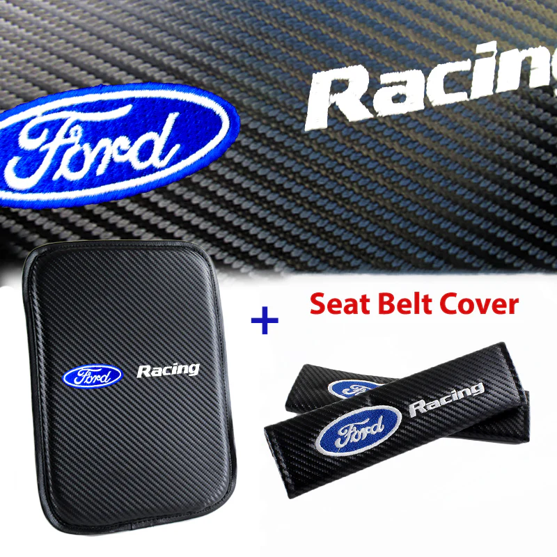 FORD RACING Set Embroidered Armrest Cushion with Seat Belt Cover Carbon Fiber Look Center Console Cover Pad Mat