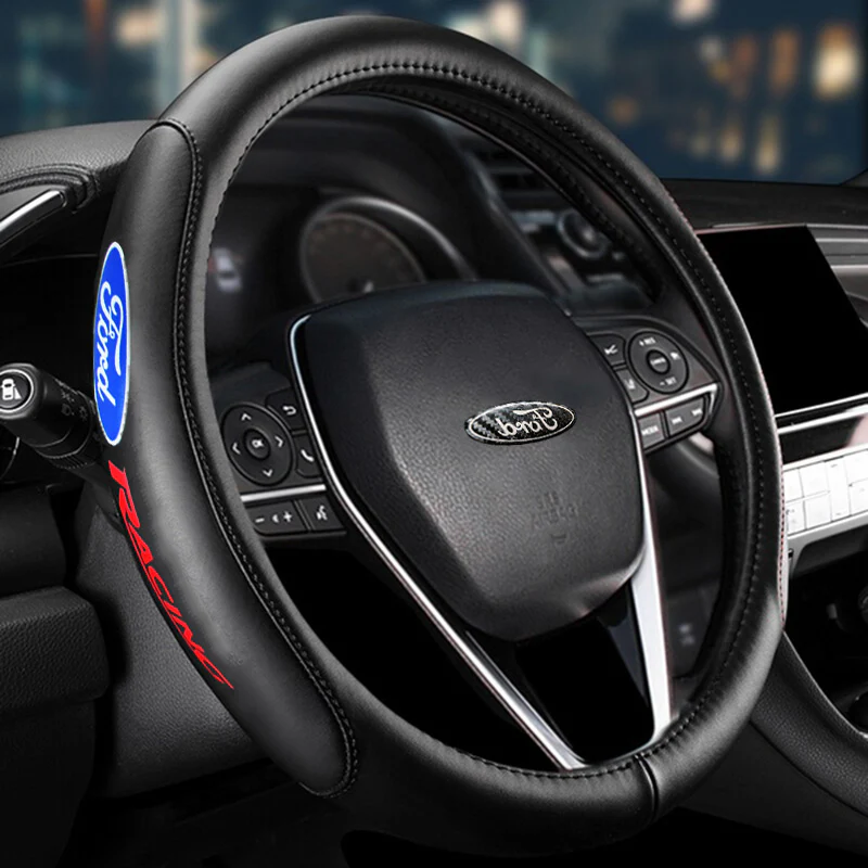 Ford Set Genuine Leather 15" Diameter Car Auto Steering Wheel Cover with Badge Logo Horn Button - Image 5