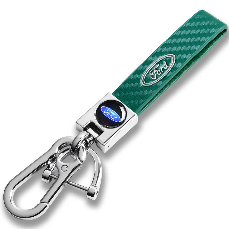 FORD Universal Chrome 3D Logo Carbon Fiber Look Green Leather Metal Gift Decor FORD Racing Quick Release Lanyard Keychain