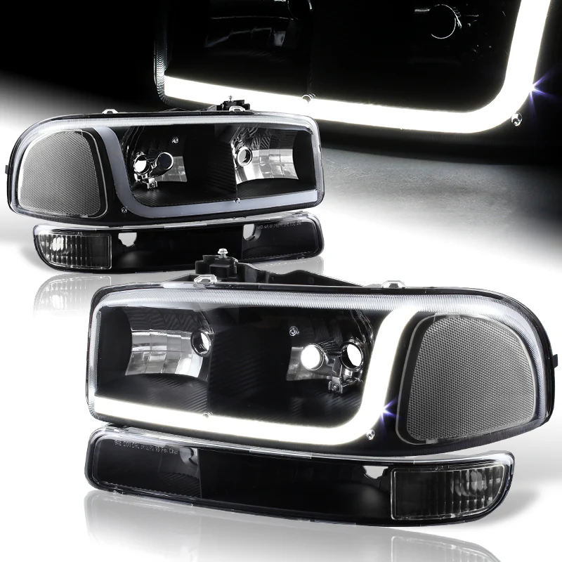 2000-2006 GMC Yukon XL 1500 2500 LED DRL Black Headlights w/ Bumper Signal Lights 4PCS Set - Clear Lens Clear Reflectors