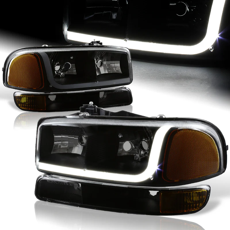 2000-2006 GMC Yukon XL 1500 2500 LED DRL Black Headlights w/ Bumper Signal Lights 4PCS Set - Smoked Lens Clear Reflectors