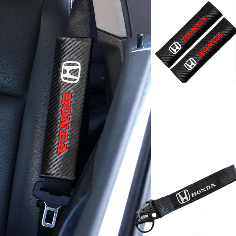 HONDA Set ACCORD CIVIC Fit CR-V Black Carbon Fiber Look Seat Belt Cover with Metal Key Ring