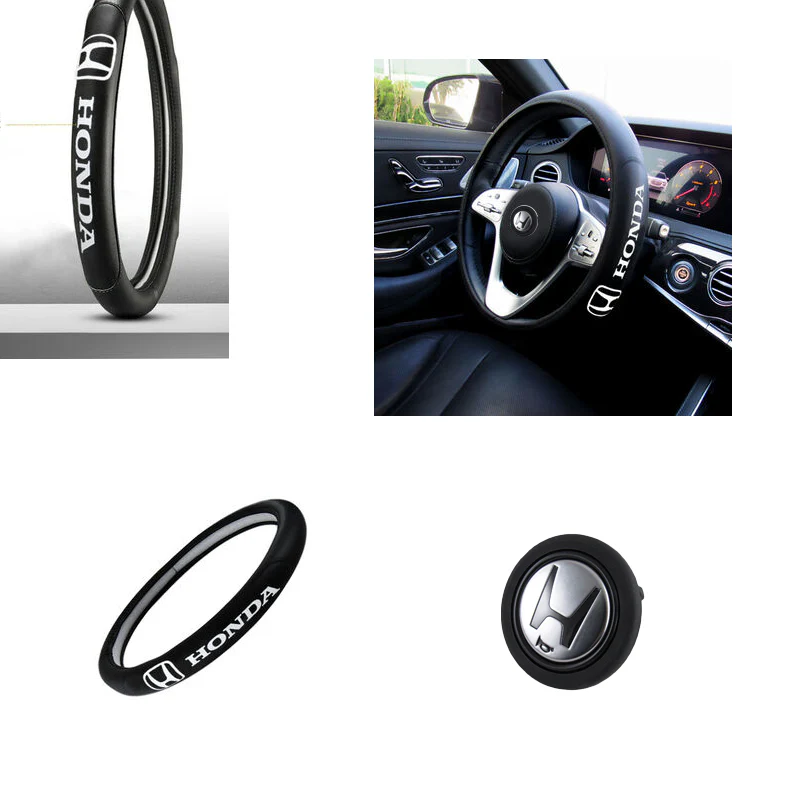 HONDA Set Faux Leather 15" Diameter Car Steering Wheel Cover with LOGO Horn Button