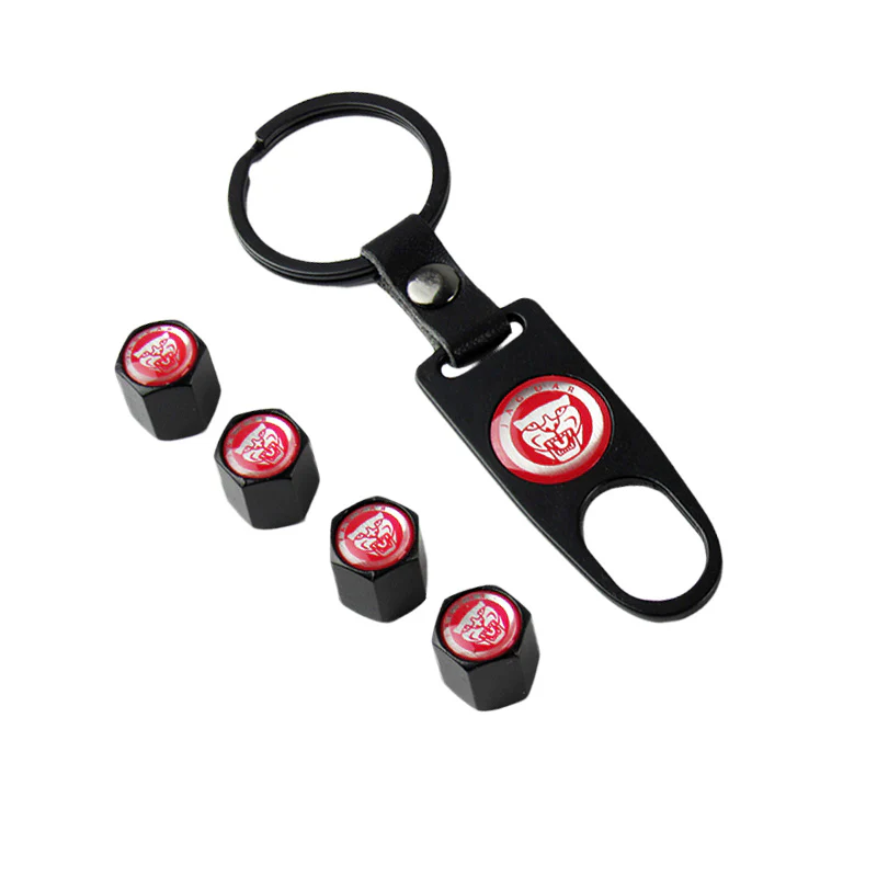 JAGUAR Car Wheel Tire Valves Dust Stem Air Caps Keychain Emblem KEY FOB Black Set - US SELLER