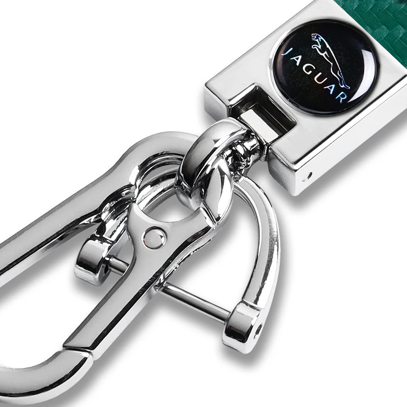 JAGUAR Universal Chrome 3D Logo Carbon Fiber Look Green Leather Metal Gift Decor Quick Release Lanyard Keychain - Image 7