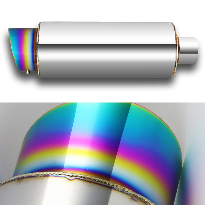 JDM N1 Fireball Slant Style Universal 2.5" Inlet 4" Outlet Deep And Smooth Tone, Removable Silencer Pre-attached, Weld-On T-304 Exhaust High Flow Muffler -Rainbow Burnt Tip - Image 2