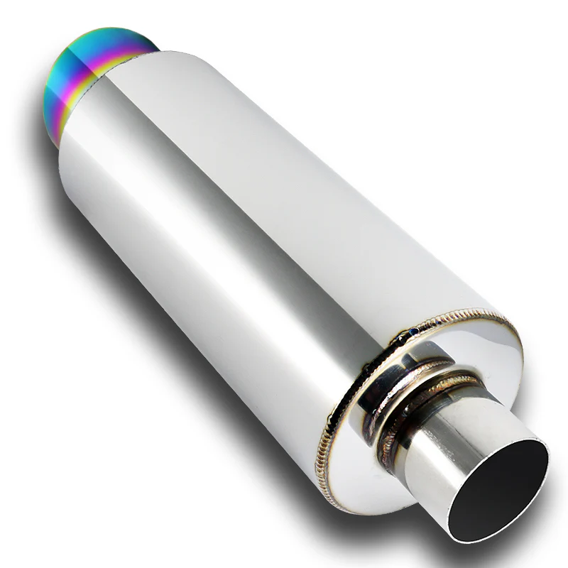 JDM N1 Fireball Slant Style Universal 2.5" Inlet 4" Outlet Deep And Smooth Tone, Removable Silencer Pre-attached, Weld-On T-304 Exhaust High Flow Muffler -Rainbow Burnt Tip - Image 4