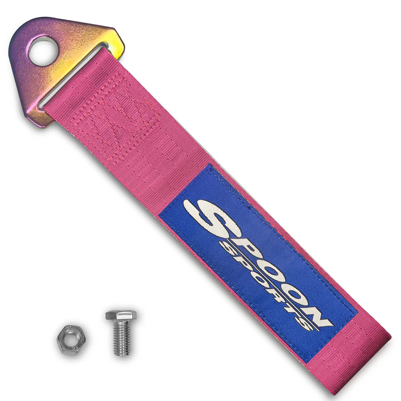 JDM SPOON SPORTS RACING Drift Rally NEO CHROME HIGH STRENGTH Pink Tow Strap for Front / Rear Bumper